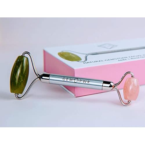 Rose Quartz + Jade Roller for Face and Neck Massage, Dual Gemstones with Durable Steel Handle and Travel Bag. Minimize Wrinkles, Reduce Puffiness and Restore Skin's Elasticity and Radiance