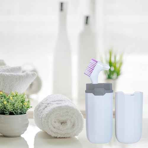 2Pcs Denture Brush False Teeth Toothbrush with 1 White Carrying Case, Effective Denture Cleaning Brush with Multi-Layered Soft Bristles,Green and Purple