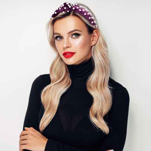 VELSCRUN Pearl Headbands with Beads: White, Pink, Red, Blue Knotted Wide Top Knot Hair Accessories for Women and Girls