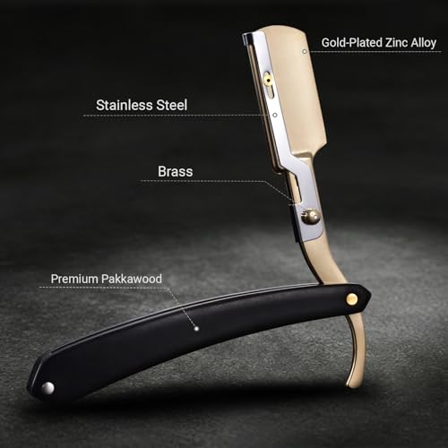 Professional Straight Razor for Men ? Classic Straight Edge Razor with Synthetic Black Wood Handle, 30 Swedish Standard Double Edge Blades & Leather Sheath for Precision Beard Shaping (Gold)
