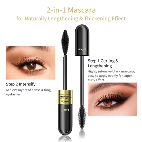 KUNSHNBEI 2-in-1 Black 4D Silk Mascara - 5x Longer Waterproof, Washable, No Clumping, Pack of 1