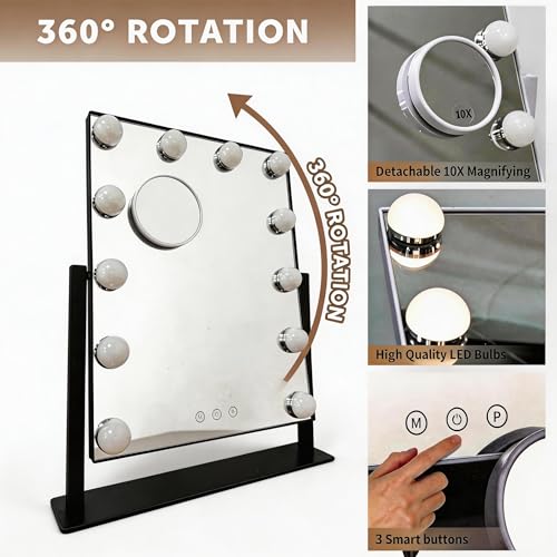 Hollywood Vanity Mirror with Lights, 12 Dimmable LED Bulbs Lighted Makeup Mirror with Detachable 10X Magnification, 1000mAh Rechargeable, 3 Color Lights, Touch Control,Black