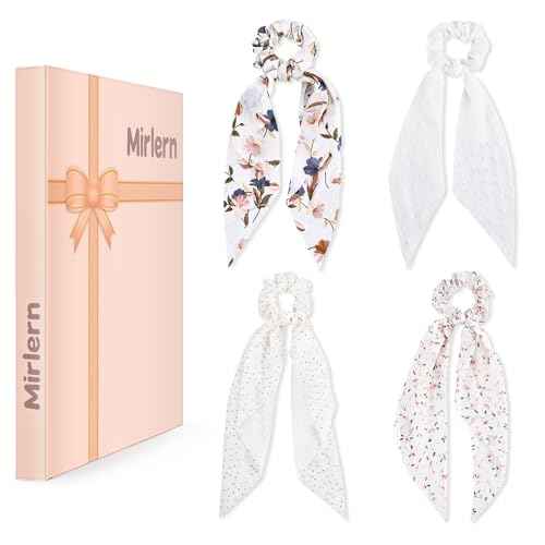 4-Piece Satin Hair Scarf Scrunchies for Women Girls, No Damage Cute Hair Ties with Bow Ribbons Ponytail Holders Elastic Rubber Bands (White Flower)