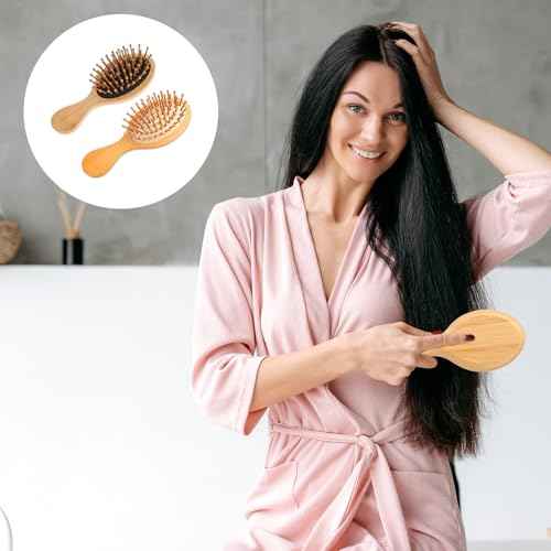 2 PCS Bamboo Brush for Hair Growth, Mini Bamboo Brush Anti-Static Mini Hair Brushs Massage Scalp Detangling Brushs Natural Wooden Pocket Travel Small Hairs Brushes for All Hairs