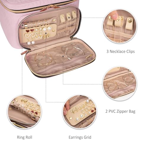Travel Makeup Bag with Jewelry Organizer - Pink, Single-Layer, Waterproof Cosmetic Case for Brushes & Accessories