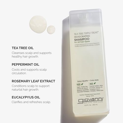 GIOVANNI Tea Tree Triple Treat Invigorating Shampoo - Cooling Peppermint, Eucalyptus & Rosemary, Strengthen & Rejuvenate Hair & Scalp, Salon Quality, Paraben Free, Tea Tree Shampoo - 8.5 oz (3 Pack)