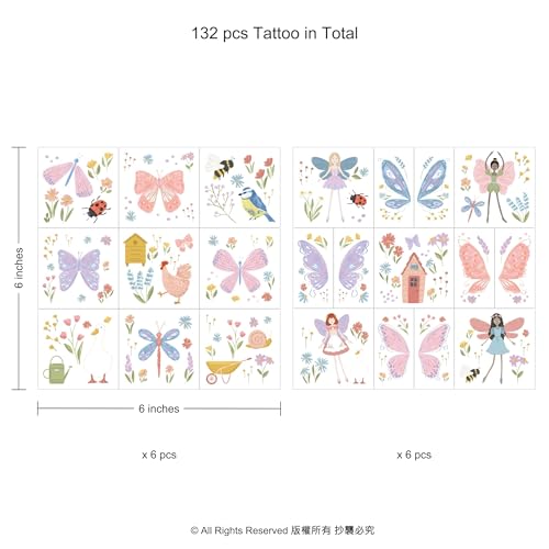 Cheerland Garden Fairy Tattoos Temporary Floral Butterfly Farm Party Favors Woodland Fairies Wing Stickers Birthday Decorations for Tea Bridal Baby Shower Classroom Silly Goose Party Supplies 108pcs