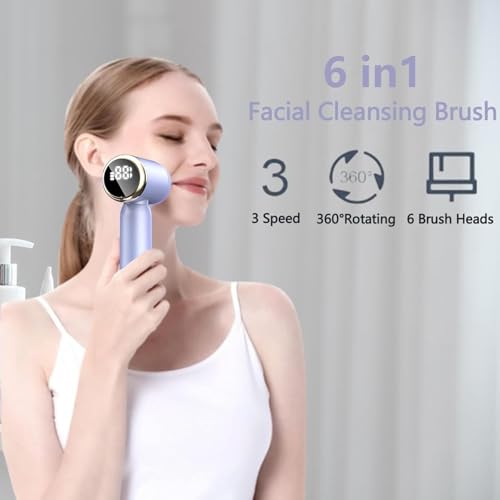 6-in-1 Facial Cleansing Brush Electric Face Scrubber ? 3-Speed Waterproof Spin Brush with 6 Replacement Heads, Rechargeable Deep Pore Cleanser for Dry, Oily & Sensitive Skin (Purple)