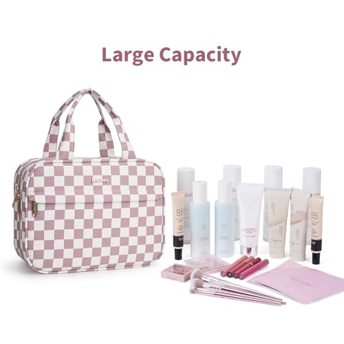 Narwey Hanging Toiletry Bag for Women Checkered Travel Makeup Bag Organizer Cosmetic Make up Toiletries Bag for Travel Essentials Accessories (Dusty Pink Checkerboard, Medium)