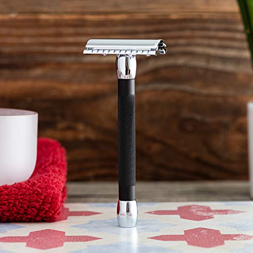 MERKUR 20C Double Edge Safety Razor, Long Handle, Black Anodized Aluminum & Bright Chrome Finish, Three-Piece Design, Closed Comb Straight Bar, Made in Germany