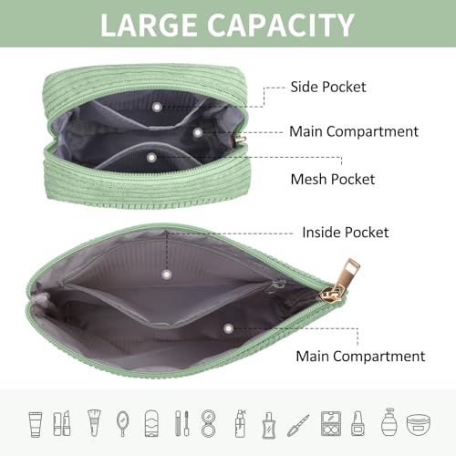 MAGEFY Small Corduroy Makeup Bag, 2 Pcs Green Pouch with Inner Pocket - Travel Purse Organizer