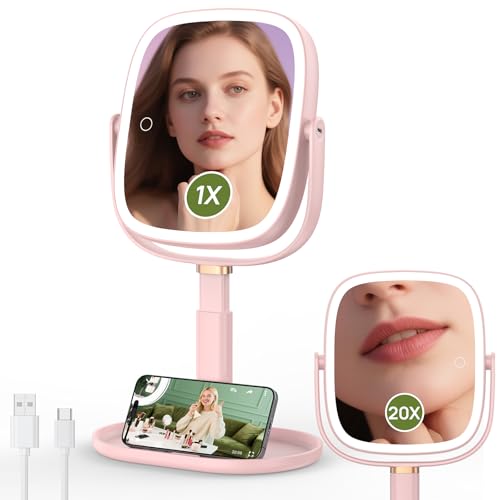 Height Adjustable Lighted Makeup Mirror with Lights and Magnification, 1X 20X Magnifying Mirror with Light 4000mAh Rechargeable, Tray Base and Phone Stand for Desk, Gifts for Women (Pink)