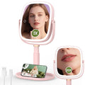 Height Adjustable Lighted Makeup Mirror with Lights and Magnification, 1X 20X Magnifying Mirror with Light 4000mAh Rechargeable, Tray Base and Phone Stand for Desk, Gifts for Women (Pink)