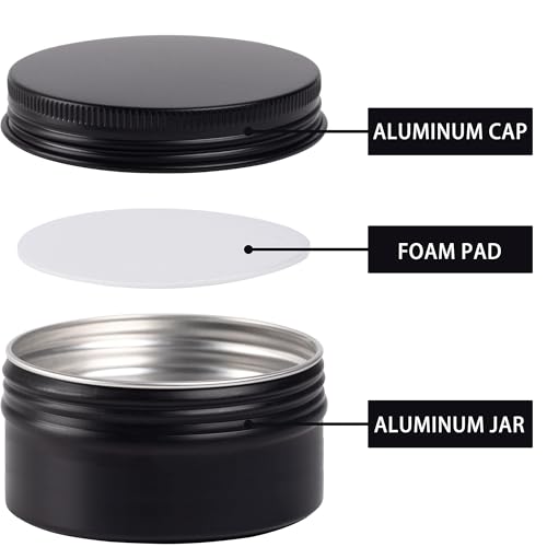 24 Pack 3oz Screw Top Aluminum Tin Jars with Screw Lids and Blank Labels - Refillable 90ml Metal Containers for Lip Balms, Candles, Salves, Spices, Crafts (Black)