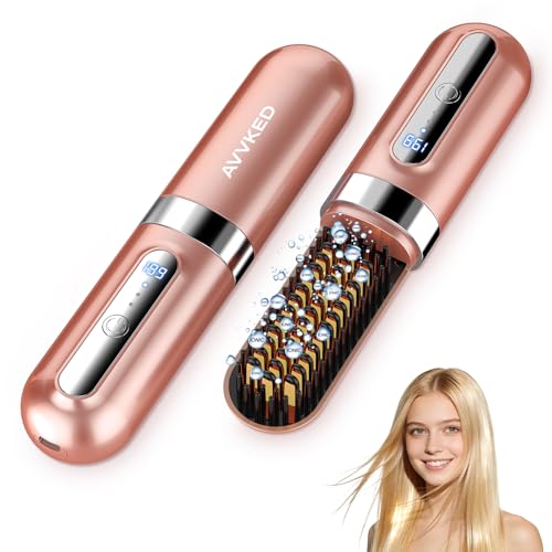 AVVKED Cordless Hair Straightener Brush for Women - Travel Mini Ionic Anti-Frizz Styling Tool with 3 Temp Settings
