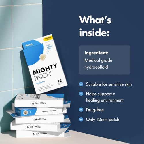 Mighty Patch¢â Invisible+ Patch ? The Barely-There Daytime Hydrocolloid Acne Pimple Patch for Covering Zits and Blemishes, Tapered Edges Designed to Blend Into Skin (72ct) (Pack of 2)