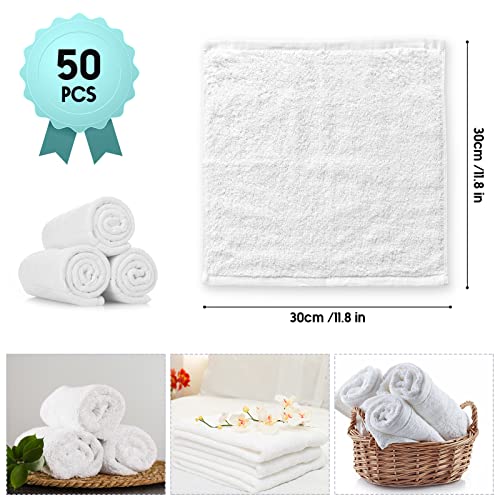 Buryeah 50 Pieces Cotton Washcloths 100% Ring Spun Cotton Wash Cloths Bulk Absorbent and Soft Feel White Towels for Bathroom, Spa, Gym and Face Cleaning (12 x 12 Inches)