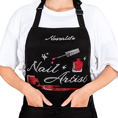 Noverlife Nail Artist Apron for Women, Adjustable Manicurist Bib Apron with Rhinestone Nail Polish Pattern, 2-Pocket Professional Nail Salon Cosmetology Apron with Neck Strap for Salon Nail Technician