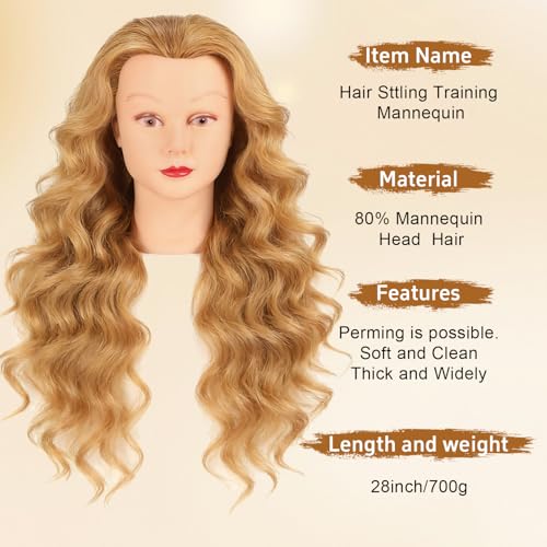 80% Human Hair Mannequin Head 28 inch with Table Clamp Stand