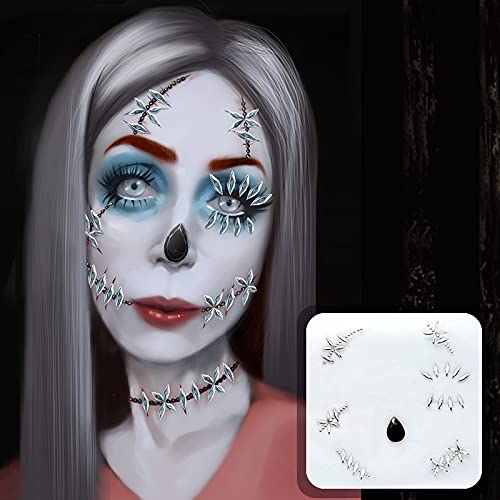 The Ghost Bride Skeleton Face Gems Jewels Halloween Temporary Face Tattoos Rhinestone Day of the Dead, Crystals Catrina Face Gems Stick on Halloween Prank Makeup Costume 2-Pack