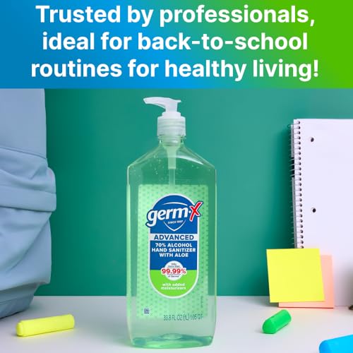 Germ-X 33.8 Fl Oz (1 Liter) Hand Sanitizer with Aloe & Vitamin E – Moisturizing Gel, No Rinse, Pump Bottle