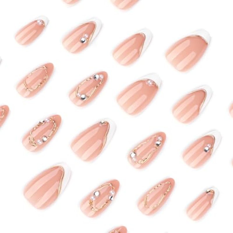 Medium Almond Press On Nails - Milky Nude with French Tips & Gold Accents