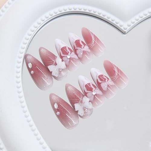 YIHONGYAN Almond Cat Eye Bow Nail Kit - French Press-On False Nails for Women, Blush Art Tips, 24Pcs