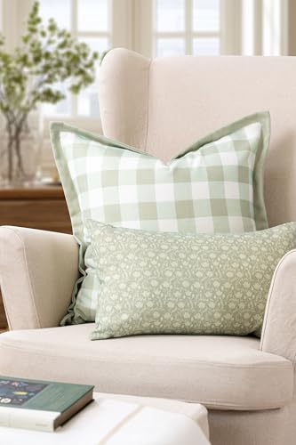 Crumbs Home Light Green Gingham 22x22 Indoor Outdoor Water-Resistant Throw Pillow Cover