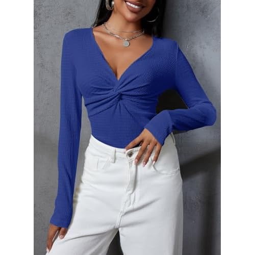 Dokotoo Long Sleeve Tops for Women Spring Fall 2025 Womens V Neck Sexy T Shirts for Women Fitted Shirts Tight Basic Tee