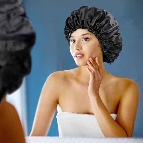 Satin Silk Bonnet for Curly Hair Bonnet Braid Bonnet for Sleeping Bonnets for Women Large Double-Layer Adjustable(Black&Pink)