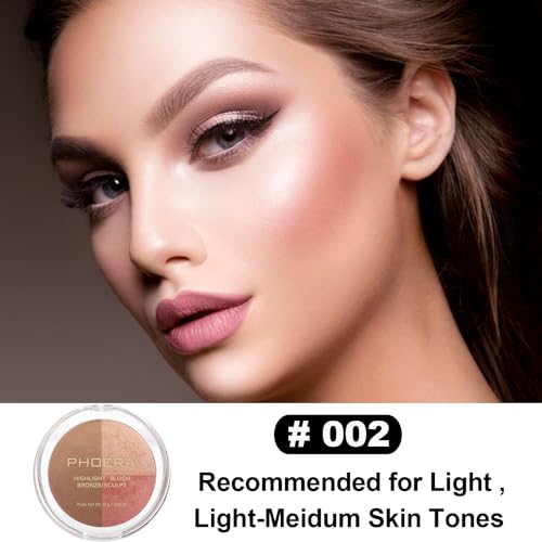 PHOERA Foundation, PHOERA Contour Palette,Shades with Highlighter & Bronzer & Blush,Up to 24 Hour Fresh Wear,PHOERA Concealer Primer Powder (104+105+ #002 Contour/Buff Beige+Sand+#002)