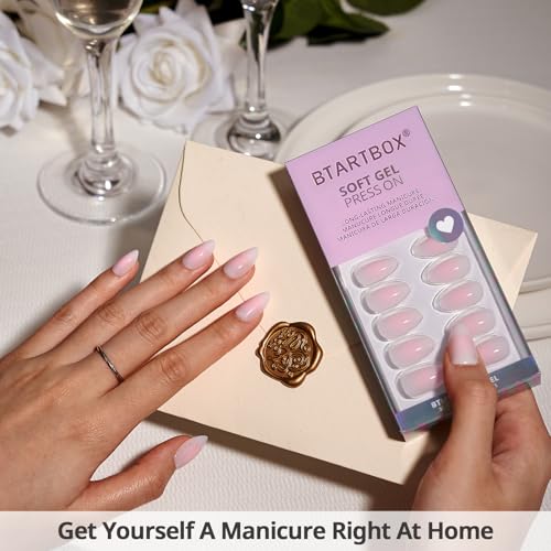 BTArtbox Press On Nails - Pink Short Almond Fake Nails, 3-Love Letter, 32Pcs