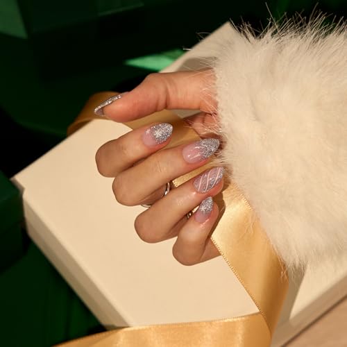 BTArtbox Sparkle Bow C1 Press On Nails Short Almond French Tip Kit 32 Pcs