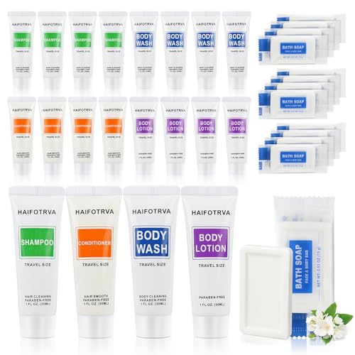200 Pcs 5-IN-1 Hotel Soaps and Toiletries Bulk Set,5-Piece Set Mini Bulk Travel Size Toiletries Set 1 oz each Shampoo,Conditioner, Body Wash and Lotion,0.53 oz Soap Hotel Supplies for Guests,Homeless