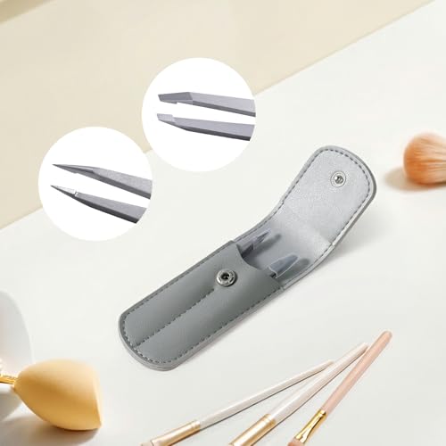 Tweezers for Eyebrows, Pointed TipTweezers for Women Facial Hair, Ingrown Hair Removal, Slanted and Pointed Tip Tweezers Set with PU Travel Case (Slant & Pointed Tweezers Set)