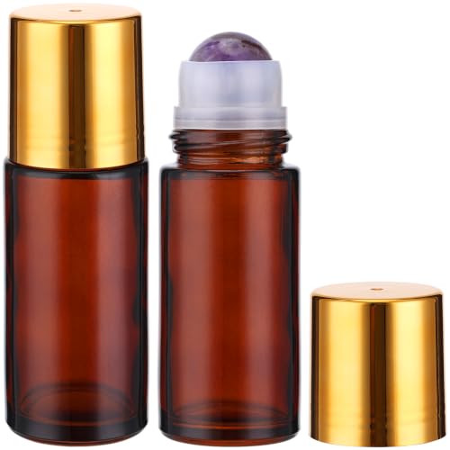 2 Pack 1.7oz Amber Glass Roller Bottles with Purple Crystal Balls