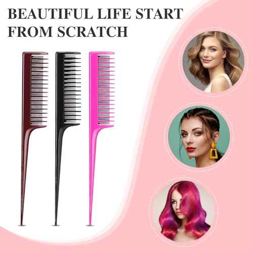 Leinuosen 3 Pcs Triple Teasing Comb for Women Plastic Rat Tail Comb Heat Resistant Pintail Tease Layer Tool for Thick Fine Hair Styling Backcombing Volume Structure(Black, Pink and Brown)
