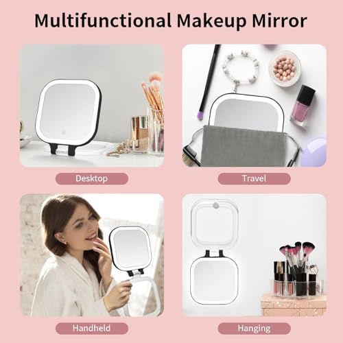 DESCHEN 7-Inch Travel Makeup Mirror with Lights & 10X Magnification - Black