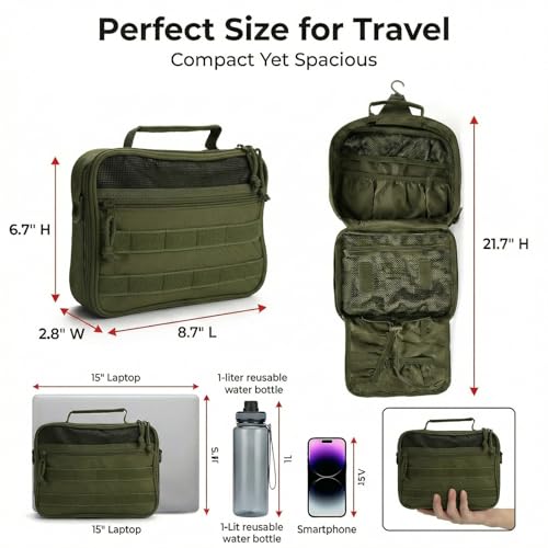 Mens Toiletry Travel Bag, Tactical Toiletry Bag for Men, Bathroom Hanging Toiletry Bag for Men Shaving Hygiene Bag Travel Toiletry Organizer Short Trips Bag, Green