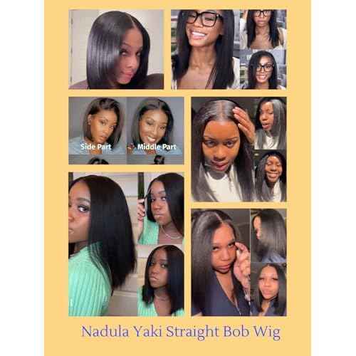 Nadula Yaki Straight Bob Drawstring Wig Human Hair Glueless Pre Cut 7x5 HD Bye Bye Knots Lace Front Wig Pre Plucked Invisible Knots Ready to Wear Short Light Yaki Bob Wigs 150% Density 14inch