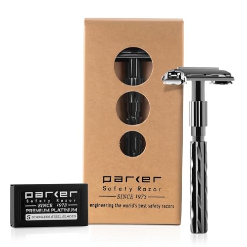 Parker 22R Long Handle Safety Razor ? Gunmetal Twist-to-Open Butterfly Design, Heavyweight Brass Frame with Knurled Grip | Includes 5 Platinum Double Edge Blades | Iconic Brandd