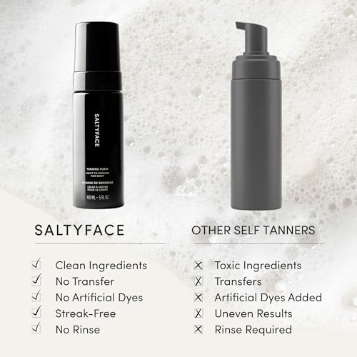 SALTYFACE - Tanning Foam (Light to Medium) - Self Tanner for Body, Legs, Arms, Back - No Color Transfer - Oil Free, Fragrance Free - Streak-Free, Non-Clogging - Vegan Skin Care - 5 FL OZ (150 ML)