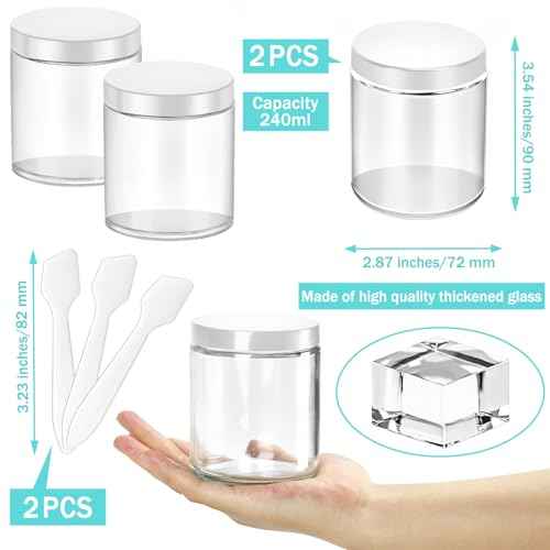 MotBach 2 Pack 8oz Glass Jars with Lids, Round Glass Jars with Spatulas, Inner Liners and White Lids, Empty Cosmetic Containers Travel Toiletries Container for Lotion, Cream, Makeup, Cosmetic, Slime