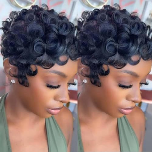 Pixie Cut Wig Human Hair Glueless With Bangs Natural Black