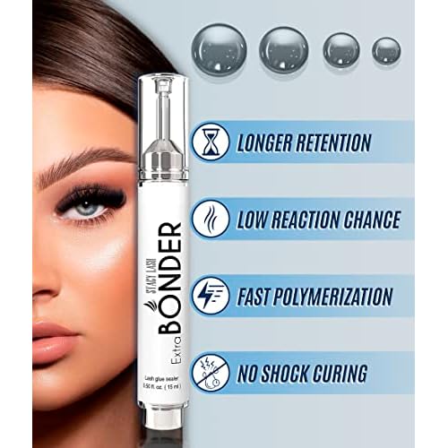 Extra Strong Evolution Eyelash Extension Glue 10ml & Extra Bonder 15ml & Primer/Cleanser 40ml - Stacy Lash/Black Adhesive 1-2Sec Drying Time/Sealer/Protein Oil Remover/Professional Supplies