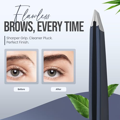 Professional Slant Tip Tweezers - Precision Stainless Steel Eyebrow Plucking Tool for Women and Men, Ingrown Hair Remover, Facial Hair Tweezers for Grooming (Velvet Navy)