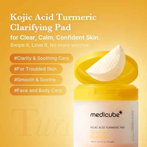 medicube Kojic Acid Turmeric Clarifying Toner Pad for Troubled Skin & Use After Spot Care, Soothing & Calming with Kojic Acid, Turmeric, Niacinamide & Glycolic Acid, Korean Skin Care, 70 Pads, 1 Pack