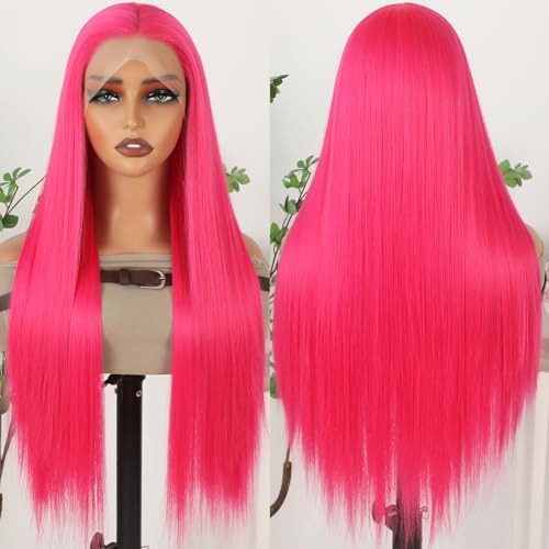 Hot Pink Lace Front Wigs Wear and Go Glueless Wig Pre Plucked Long Straight Hair Wig Magenta Pink Wigs Ready to Wear Wigs Heat Resistant Synthetic Lace Front Wigs for Women