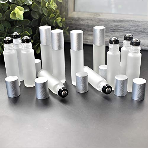 12-Pack Frosted Clear Glass Roller Bottles with Brushed Silver Leakproof Caps ? Premium Quality Empty Roll-On Bottles for Essential Oils, Perfumes, Serums, DIY Aromatherapy & Beauty Products