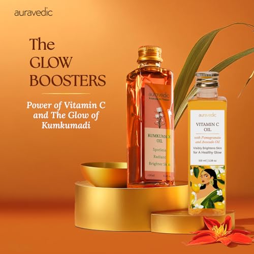 Auravedic Kumkumadi Saffron & Vitamin C Oil | Hydrating Face Moisturizer | Helps Reduce Fine Lines & Nourishes Dry, Dull Skin | Natural Facial Massage Oil | 3.38 Fl Oz (Pack of 2)